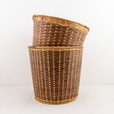 Collected Set of 2 Vintage Wicker Wastebasket or Plant Baskets, Two-Toned Woven Rattan Basket Set 