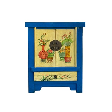 Chinese Rustic Bright Blue Yellow Graphic End Table Nightstand cs7421E 