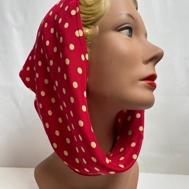 40’s 50’s cherry red polkadot head scarf cold rayon funnel neck scarves ~vintage neck gaiter ~ pinup rockabilly style 