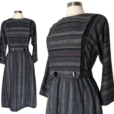 Vintage Striped Apron Dress, Medium / Belted Gray Apron Front Prairie Dress / 1940s Style Slubbed Linen Look Midi Farmhouse Dress 