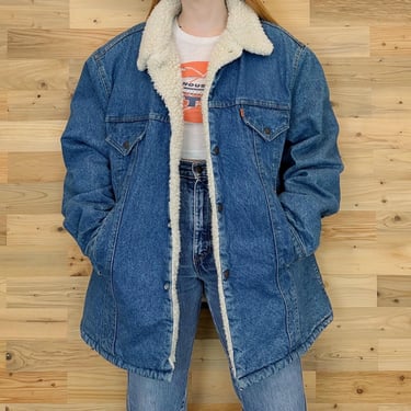 70's Levi's Orange Tab Vintage Sherpa Blue Jean Denim Chore Coat Jacket / Size 46 XL 