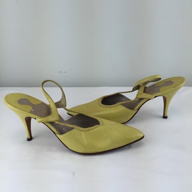 Sleek Slender Sunshine - Vintage 1950s Yellow Soft Leather Slingback Heels Pumps Shoes - 8M 