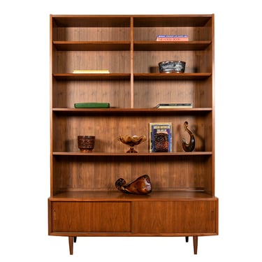 Lean + Low Danish Walnut Sliding Door Media Cabinet w. Bookcase | Display Top