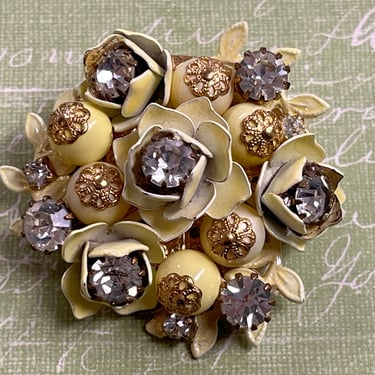 60s yellow flower brooch enamel jeweled bouquet pin 