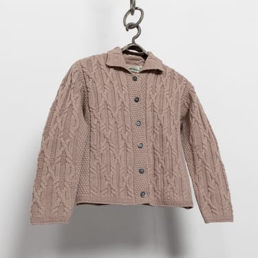 IRISH Merino WOOL CARDIGAN Vintage Beige Cable Knit Sweater Warm Fall Winter Woman Oversize / Small 