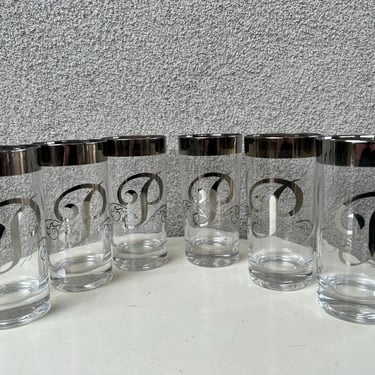 Vintage MCM Dorothy C. Thorpe classic barware tall tumbler glasses silver mercury monogrammed letter P set 6 