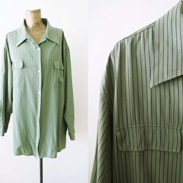 Vintage 90s Pistachio Green Striped Long Sleeve Shirt L  - 1990s Pinstripe Baggy Button Up - Front Flap Pocket 