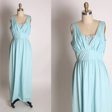 1960s Light Blue Sleeveless Full Length Silver Floral Beaded Bodice Insert Formal Cocktail Dress by Jack Bryan -S 