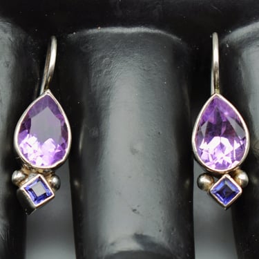 80's PTI 925 silver amethyst iolite rigid boho dangles, little sterling purple & blue stone earrings 