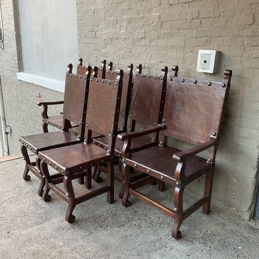 Set of 6 Carved Walnut and Leather Dining Chairs