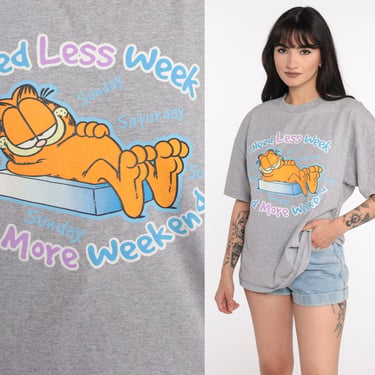 90s Garfield Shirt -- I Need More Weekend 1990s Gray Tshirt Funny Cartoon Animal Comic Shirt Graphic Shirt Vintage Kawaii Tee Medium 