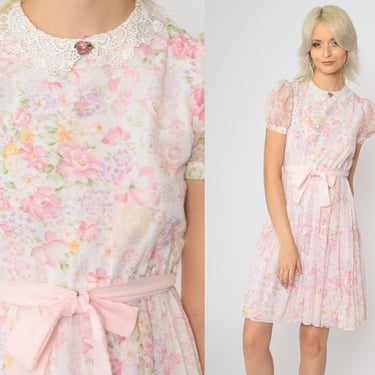 80s Floral Dress Pastel Lace Collar Dress Mini Puff Sleeve Pink Bow Lace Trim High Waist Boho Vintage 1980s Youth 14 2xs 