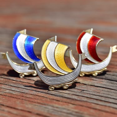 Aksel Holmsen Sterling Silver Guilloche Enamel Viking Ship Brooch Pins, Norway Sterling 925S, Red, Green & Blue Enamel, Mid-Century, 36mm 