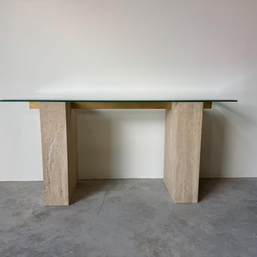 Italian Postmodern Guy Barker for Ello Travertine and Brass Console Table with Beveled Glass Top 