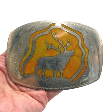 vintage Silver Buck Belt Buckle with Yellow Inlay 