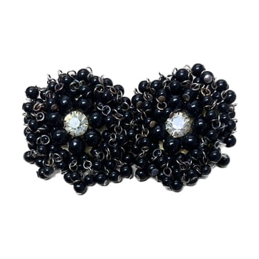 Vintage Black Beaded Clip On Earrings, Retro Black Bead Earrings, Beaded Rhinestone Earrings, Black Bead Screw Backs, Vintage Earrings 