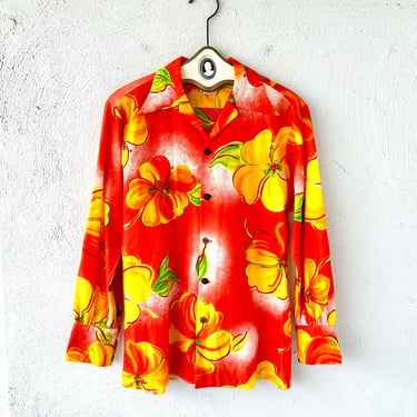 Vintage 70s Hawaiian Butterfly Collar Shirt 1970s Hawaii Graphic Large Collar Top 