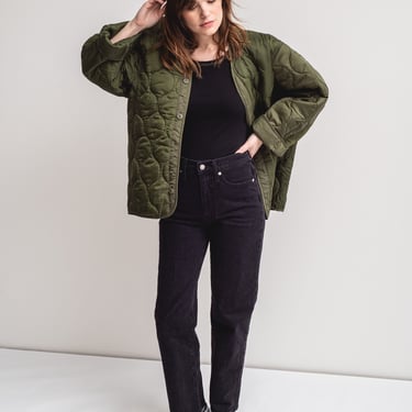 Vintage Green Liner Jacket | Unisex Wavy Quilted Nylon Coat | XL | LI145 
