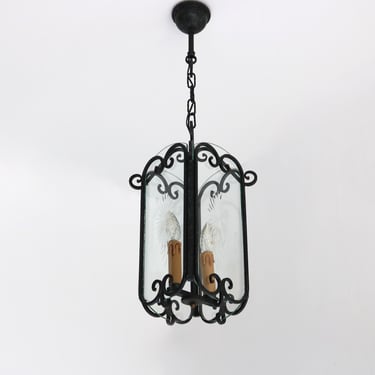 Vintage Rustic Iron Hanging Hall lantern Chandelier French Pendant Etched Glass Ceiling Lamp Antique Entryway Hall Light Hand Forged 1950s 