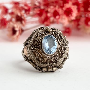 Poison Ring / Pillbox / Secret Compartment Aquamarine Gemstone Solitaire Art Deco Style Sterling Silver Vintage Ring - sz 8 