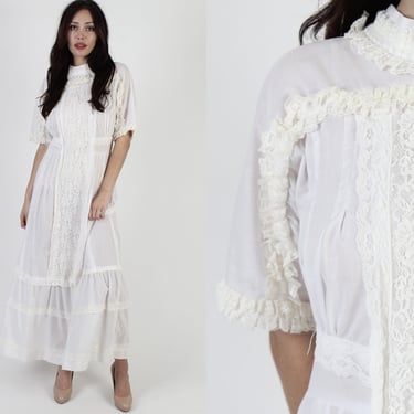 White Prairie Lace Wedding Dress / Vintage Edwardian 70s Solid Bridal Gown / Plain 1970s Floral Country Lawn Maxi Dress 