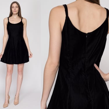 Small 90s Black Velvet Mini Skater Dress | Vintage Sleeveless Spaghetti Strap Minimalist Party Dress 