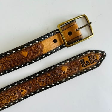 Handmade Vintage Acorn Tooled Western LARRY Genuine Leather Unisex Belt - M 