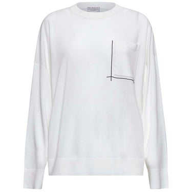 Brunello Cucinelli Women Ivory Shiny Pocket Detail Sweater
