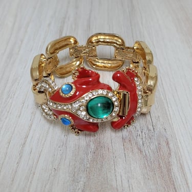 Frog Bracelet Ciner Style - Unsigned - Red Enamel Diamante Jewelry 