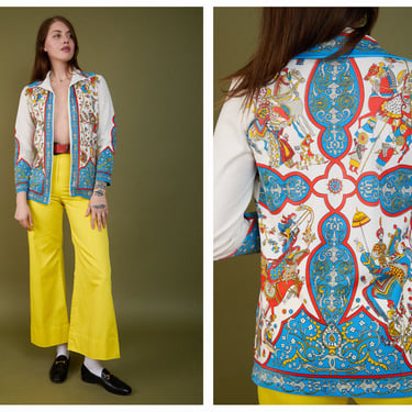 Vintage 1970s 70s Trissi Psychedelic Novelty Print Zip Up Long Sleeve Blouse Jacket Coat 