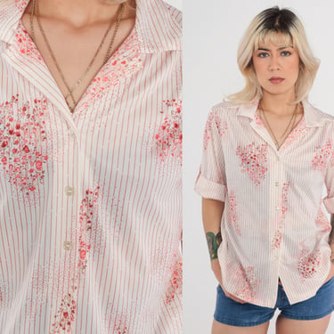 70s Floral Shirt White Red Striped Button Up Blouse Short Roll Tab Sleeve Boho Top Hippie Seventies Summer Retro Vintage 1970s Medium 