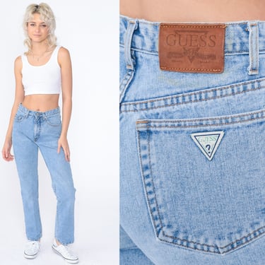 Vintage Guess Jeans 90s Straight Leg Mom Jeans Retro Tapered Jeans High Waisted Rise Jeans Denim Pants Blue Basic Slim 1990s Extra Small xs 
