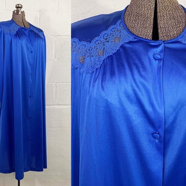 Vintage Royal Blue Satin Robe Button Front Midi Long Sleeve Vanity Fair USA 1970s 1960s Housecoat Costume Cozy PJs Pajamas Nylon XL XXl 2X 