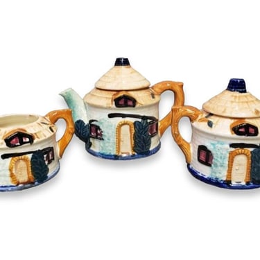 1960s Vintage Cottage Ware Tea Set, Teapot Sugar Bowl Creamer, Occupied Japan, Ceramic Thatched Hut Houses, Tea Party, Vintage Kitchen 