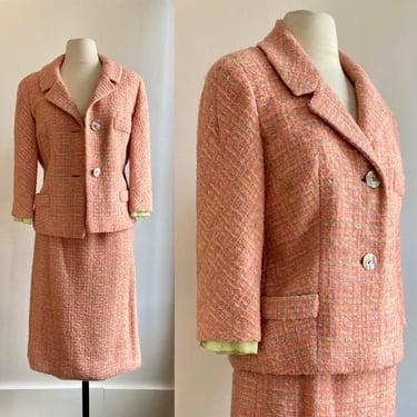 Vintage 50s 60s Skirt Suit / PINK TWEED Blazer +  Pencil Skirt / Flecks of Yellow + Green / Abalone Shell Buttons + Lined 