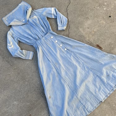 Vintage 1930s Blue Chambray Sailor Dress Eagle Patch Maxi Long Sleeves Cotton 