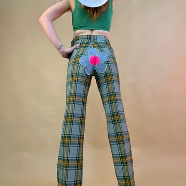 Daisy patch plaid pants with patent neon flower and chain belt 