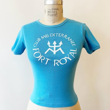 Vintage 70s Blue French Cut Club Med T Shirt Club Mediterranee Fort Royal Guadeloupe White Flocked Design France XS 