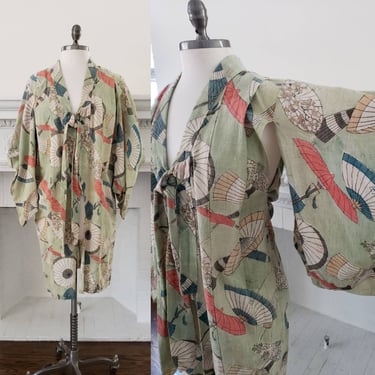 Vintage Kimono Haori Jacket Cotton Linen Pale Green Mulitcolored Umbrella Print / Parapluie 