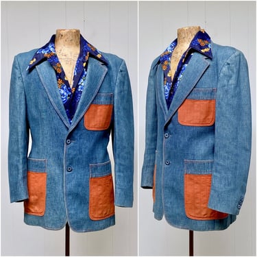 Vintage 1970s Denim Blazer, Marc Pierce Blue Hipster Sport Coat, Slim Fit Casual Jacket, Medium 42" Chest 