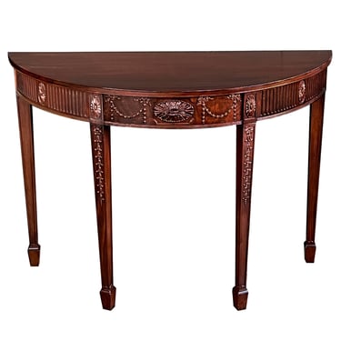 Handsome English George III Hepplewhite Style Carved Mahogany Demilune Table