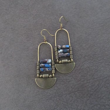 Imperial jasper earrings, blue tribal chandelier earrings, unique ethnic earrings, modern Afrocentric earrings, boho chic earrings 