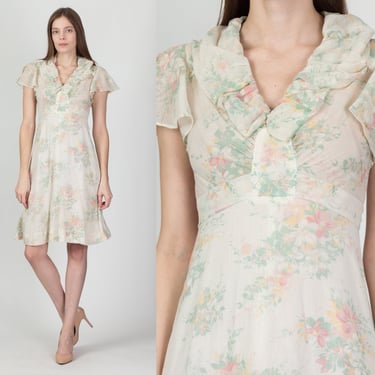 60s Floral Flutter Sleeve Mini Dress - Extra Small | Vintage Ivory Boho Hippie A Line Dress 