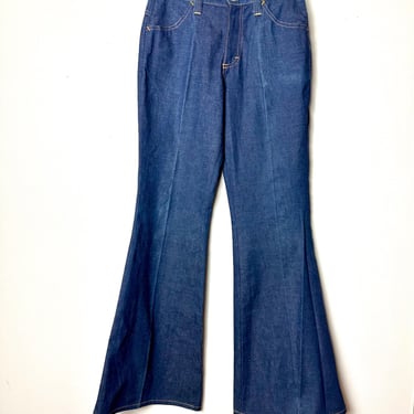 Vintage 70’s dark denim Bellbottoms Lee jeans~ like New/ unworn cond/ orange top stitching deadstock 30” waist unisex maybe 1970s blue jeans 