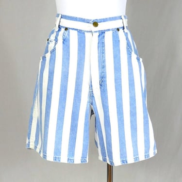 80s Striped Chic Shorts - 29" waist - White and Blue Stripes - High Rise - Cotton Denim Jean Style - Vintage 1980s - M 