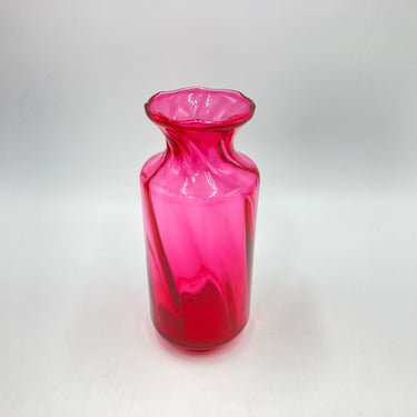 Vintage Pilgrim Glass Cranberry Pink Vase, Optic Swirl Art Glass, Ruffled Edge Top, 8