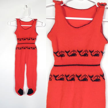 Vintage 70s/80s Kids Red And Navy Blue Whale Print Knit Onesie Size 0-3M 