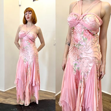 Vintage 2000s Dress / Y2K Diane Freis Silk and Lace Floral Gown / Pink ( M L ) 