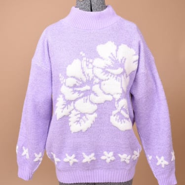 Purple Hibiscus Flower Sweater By Courtney’s Closet, L/XL
