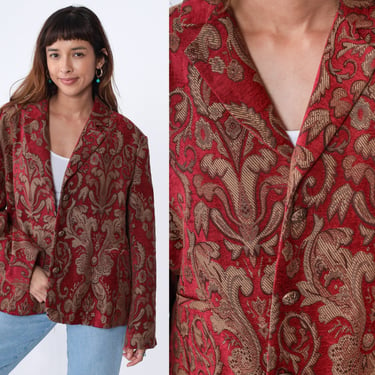 Red Tapestry Blazer Y2K Boho Jacket Button up Coat Ornate Brocade Floral Print Hippie Bohemian Cocktail Vintage 00s Extra Large xl 